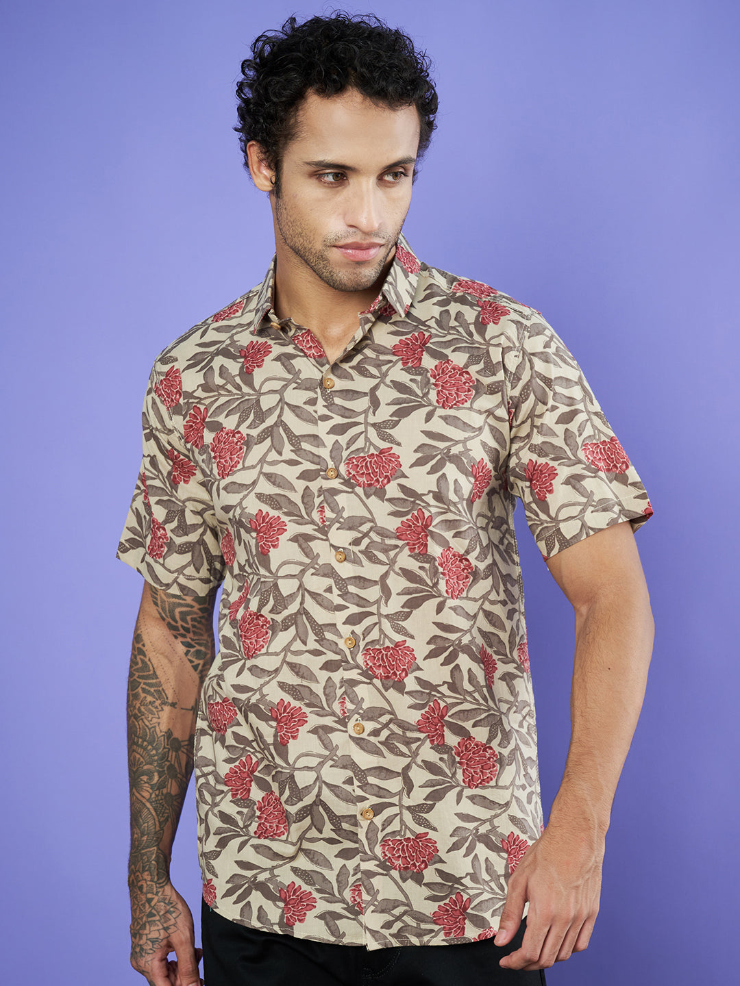 Beige Floral Cotton Half Sleeves Shirt for Men COTLAND FASHION