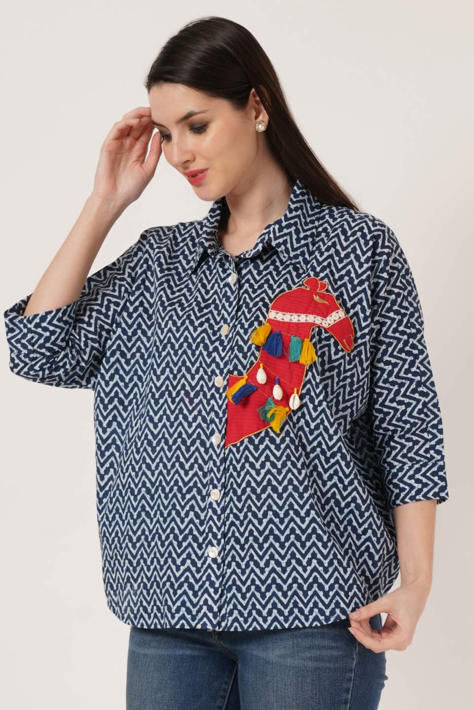 Oversized Zigzag Printed Cotton Shirt For Women - Main Image