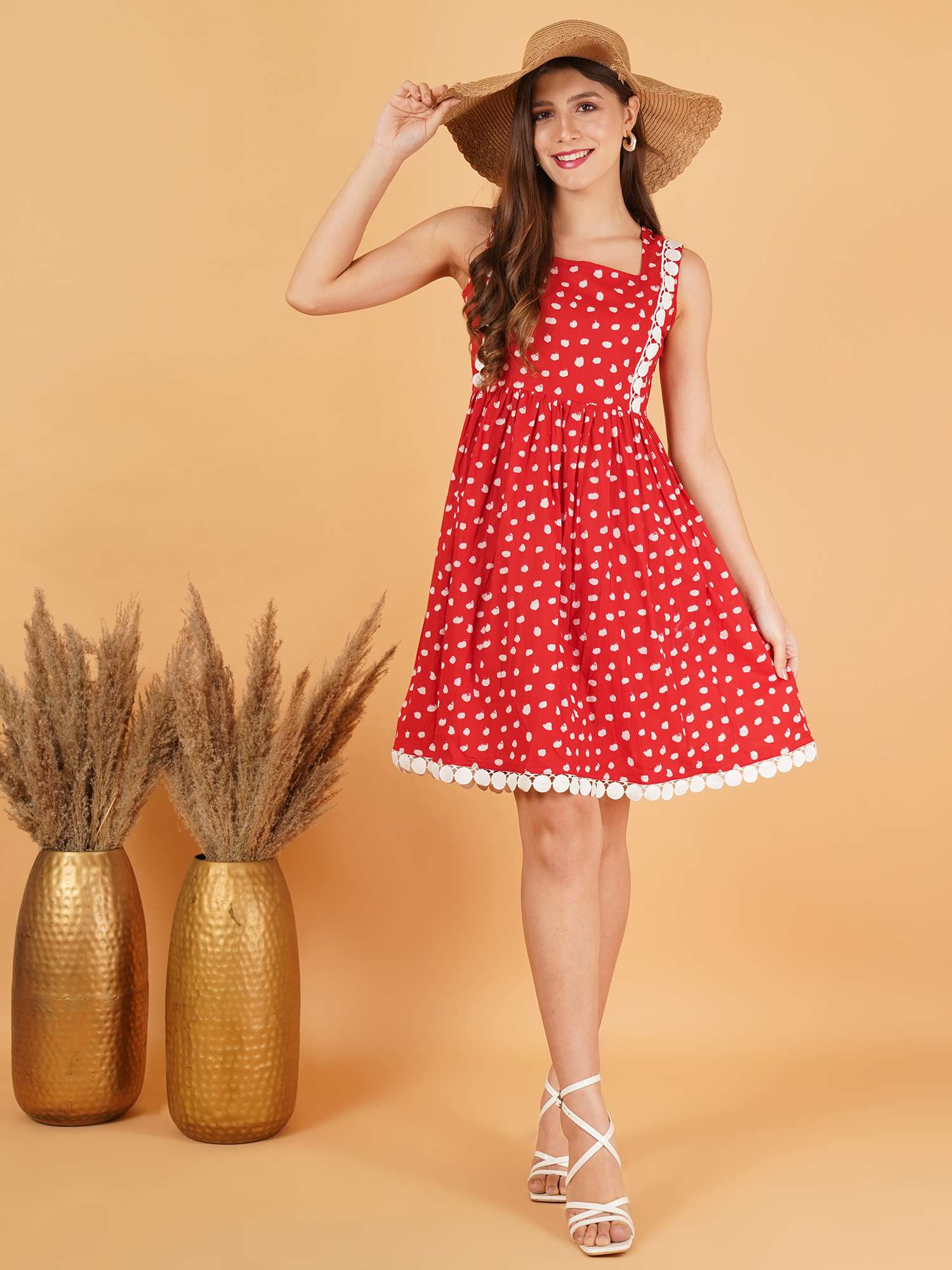 Red Polka Cotton Flared Dress COTLAND FASHION Red Polka Cotton Flared Dress COTLAND FASHION