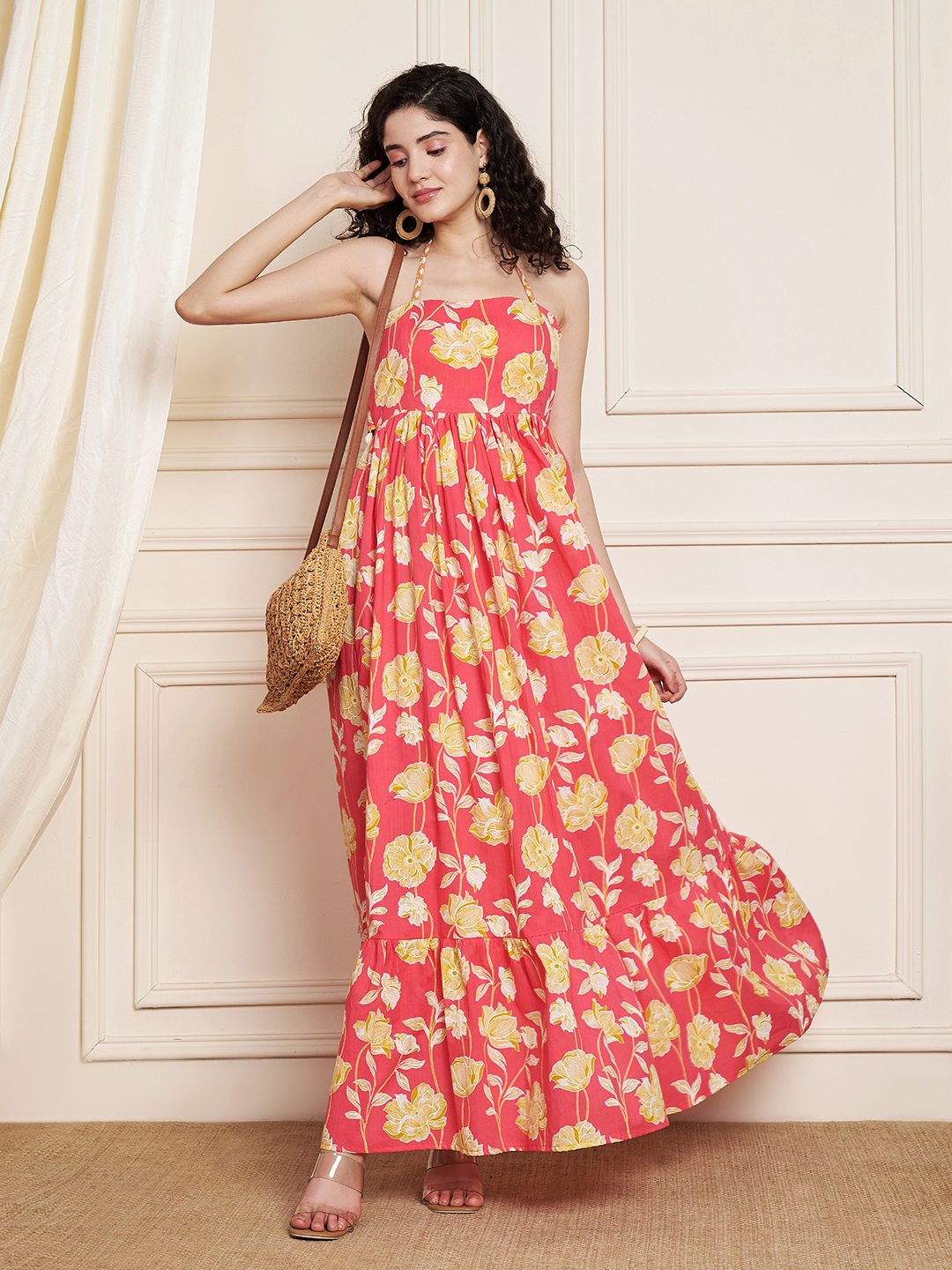 Jaipuri Floral Cotton Halter Neck Maxi Dress - COTLAND FASHION XL Jaipuri Floral Cotton Halter Neck Maxi Dress - COTLAND FASHION XL