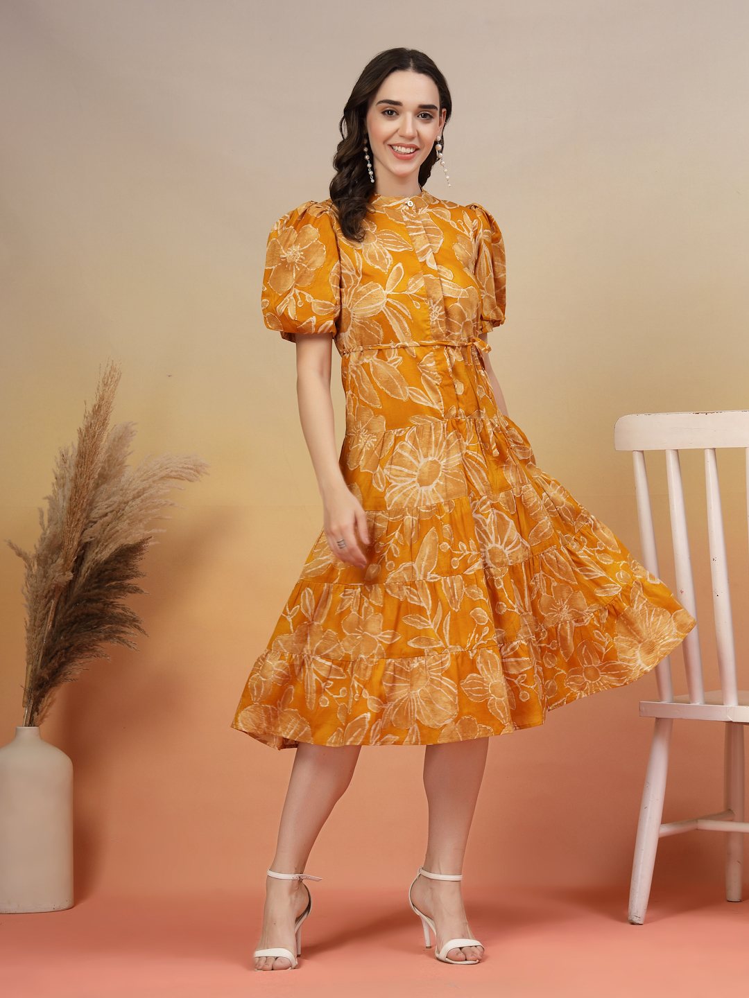 Gold Printed Premium Cotton Puff Sleeves Maxi Dress COTLAND FASHION S Gold Printed Premium Cotton Puff Sleeves Maxi Dress COTLAND FASHION S