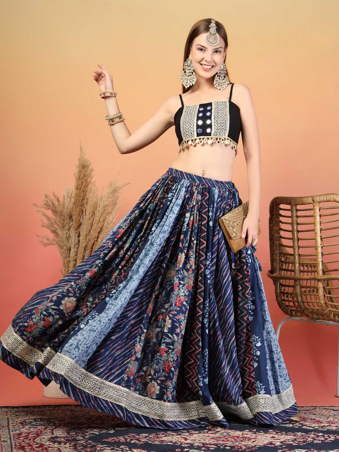 Multi-Print Cotton Mirror Lehenga Choli Set For Women COTLAND L Multi-Print Cotton Mirror Lehenga Choli Set For Women COTLAND L