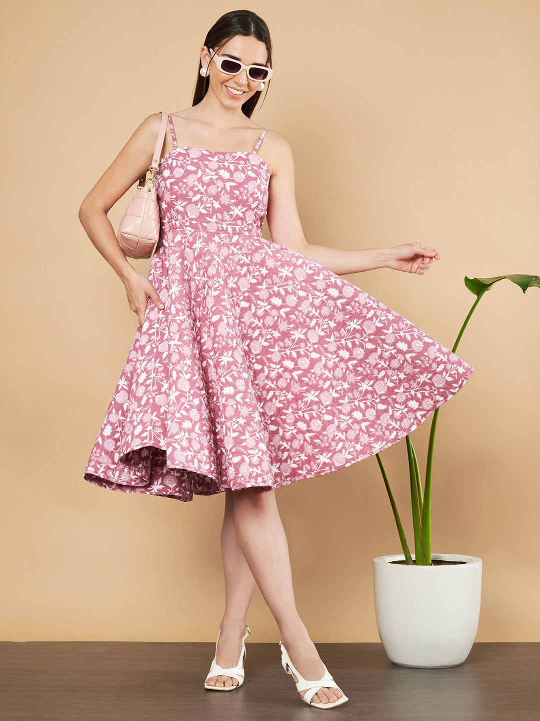 Pink Floral Quilted Cotton Dress for Women | COTLAND FASHION Pink Floral Quilted Cotton Dress for Women | COTLAND FASHION