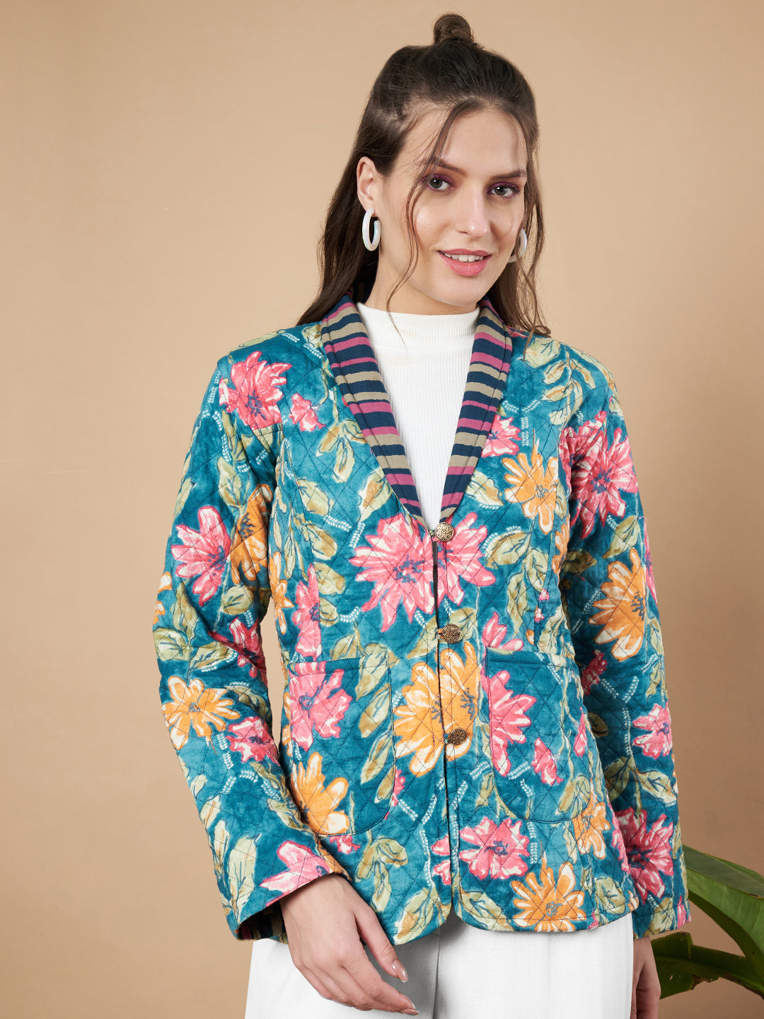 Teal Blue Floral Quilted Blazer for Women - Main Image