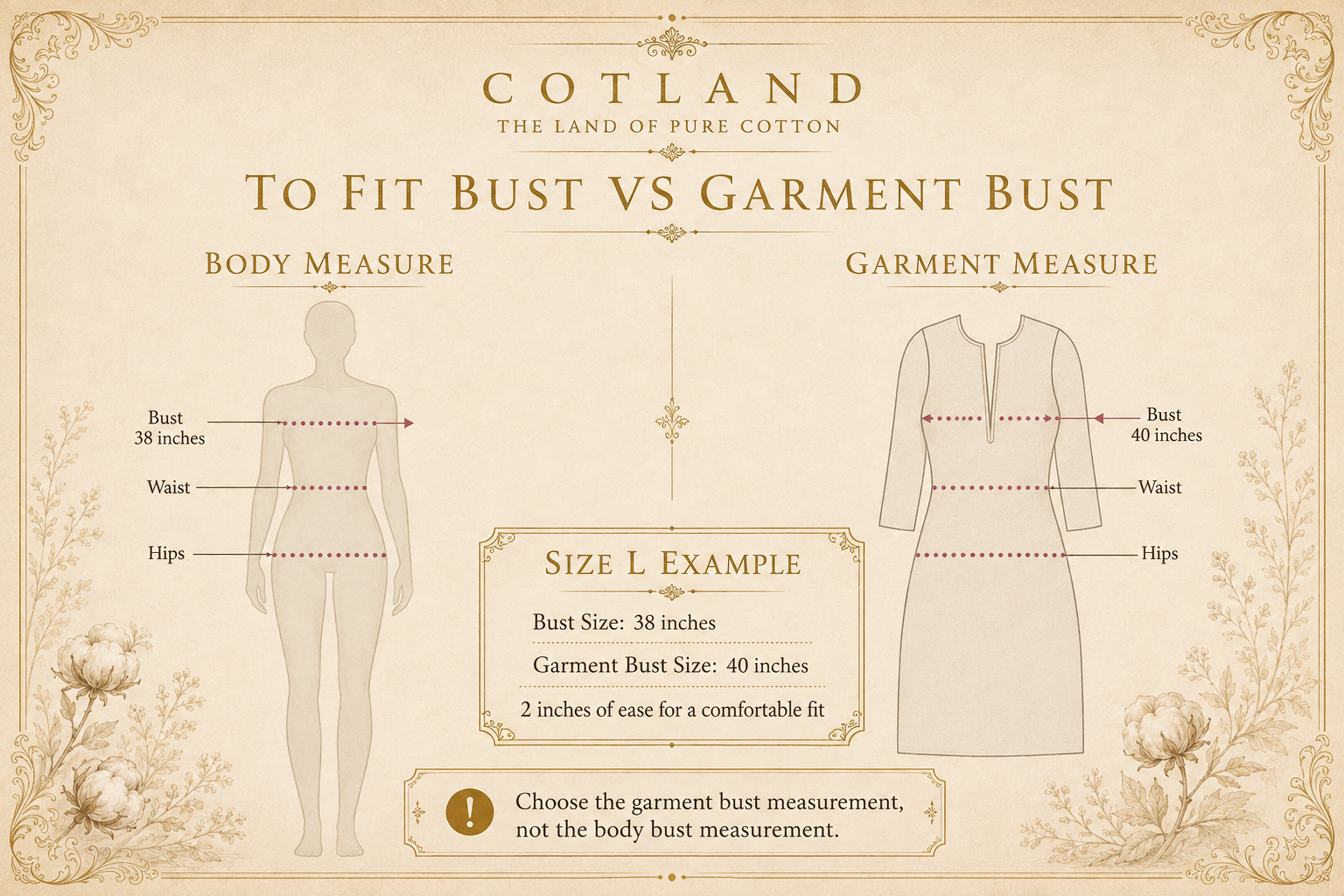 To Fit Bust and garment size chart comparison for COTLAND clothing