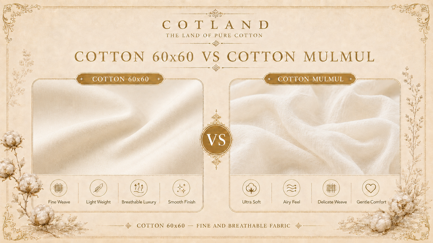 Cotton 60x60 and mulmul cotton fabric comparison for Indian summer wear
