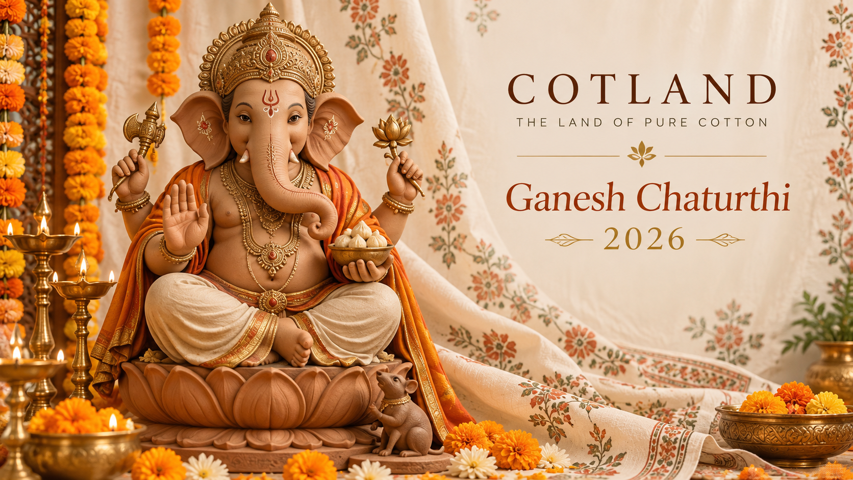 Lord Ganesha with marigolds and a Sanganeri-inspired cotton backdrop for COTLAND Ganesh Chaturthi 2026