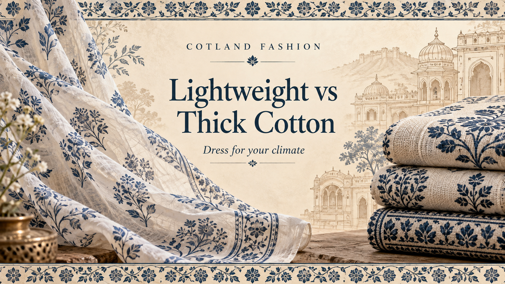 Illustration of airy floral cotton beside thicker folded cotton, with Jaipur architecture and the words Lightweight vs Thick Cotton