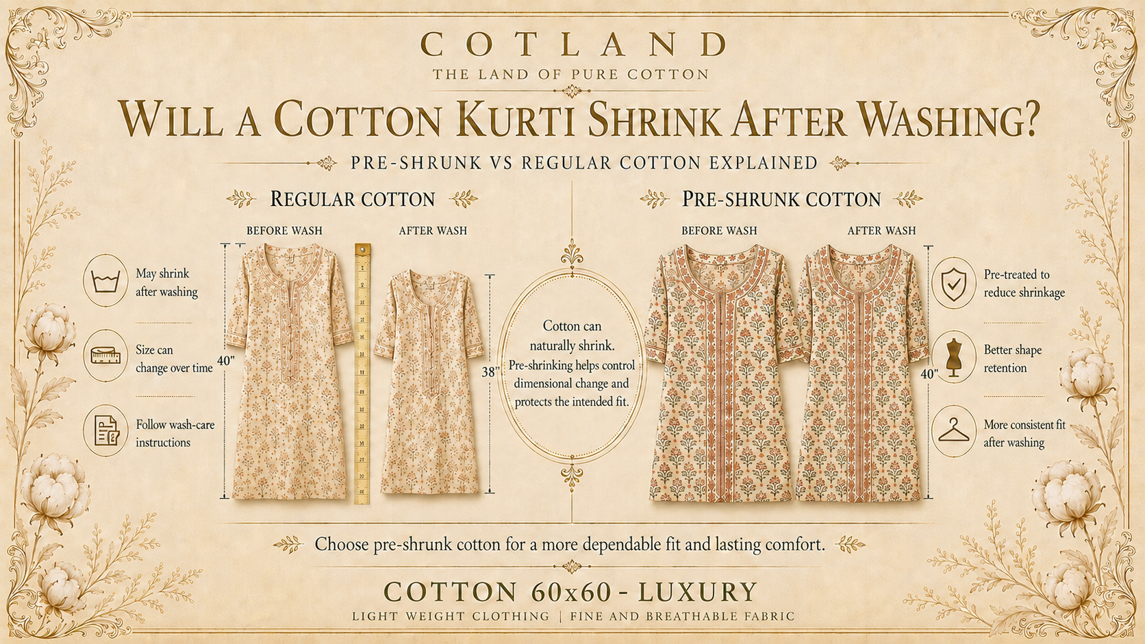 Will a cotton kurti shrink after washing, pre-shrunk cotton guide