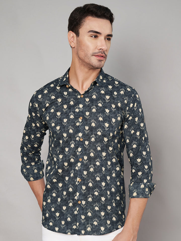 Chemise à manches longues en pur coton à imprimé floral pour homme