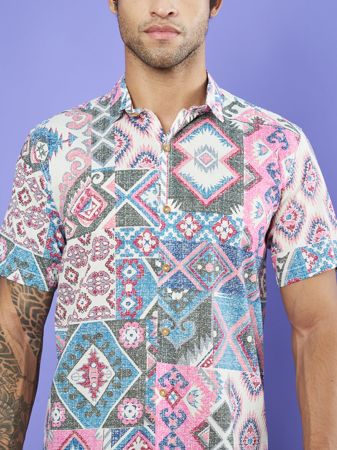 Artistic Patchwork Jaipuri Half Sleeves Shirt for Men