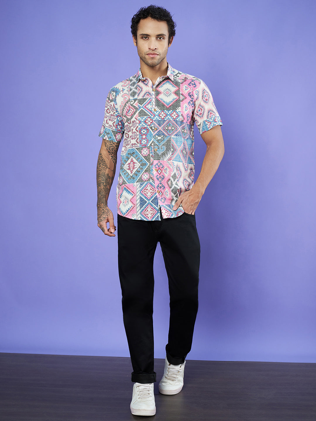 Artistic Patchwork Jaipuri Half Sleeves Shirt for Men