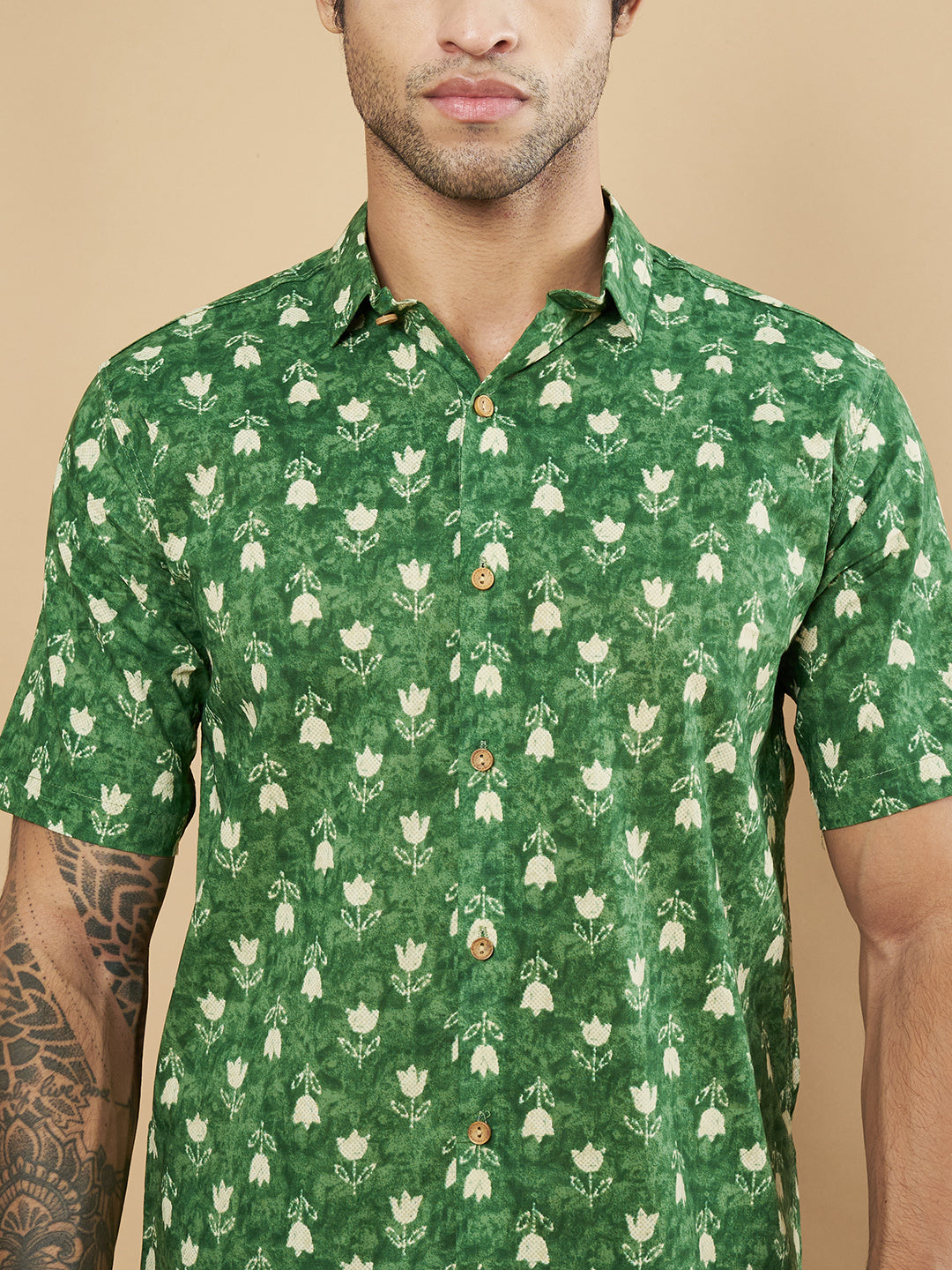 Green Floral Print Pure Cotton Shirt for Men