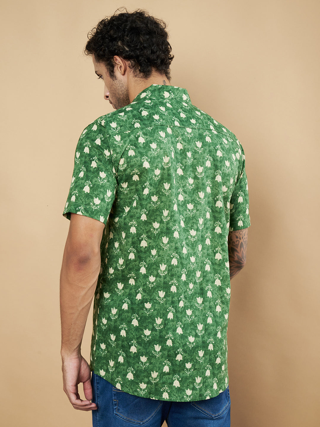 Green Floral Print Pure Cotton Shirt for Men