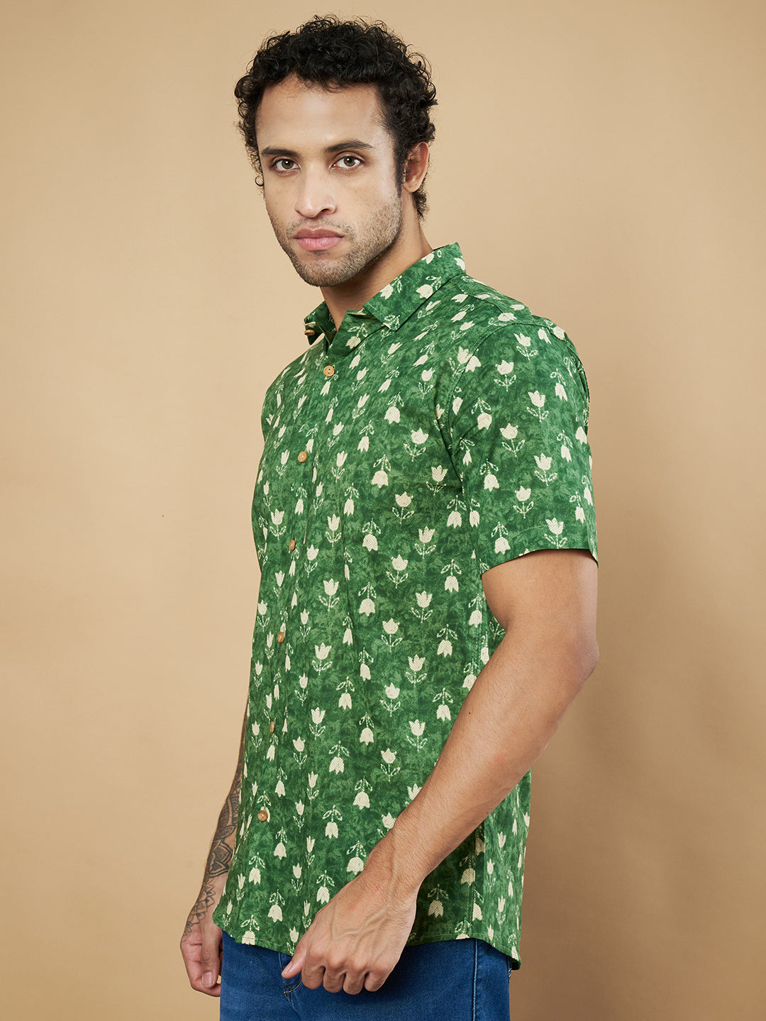 Green Floral Print Pure Cotton Shirt for Men