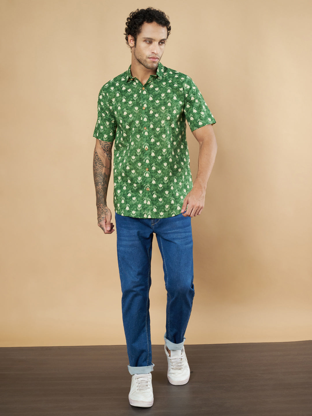 Green Floral Print Pure Cotton Shirt for Men