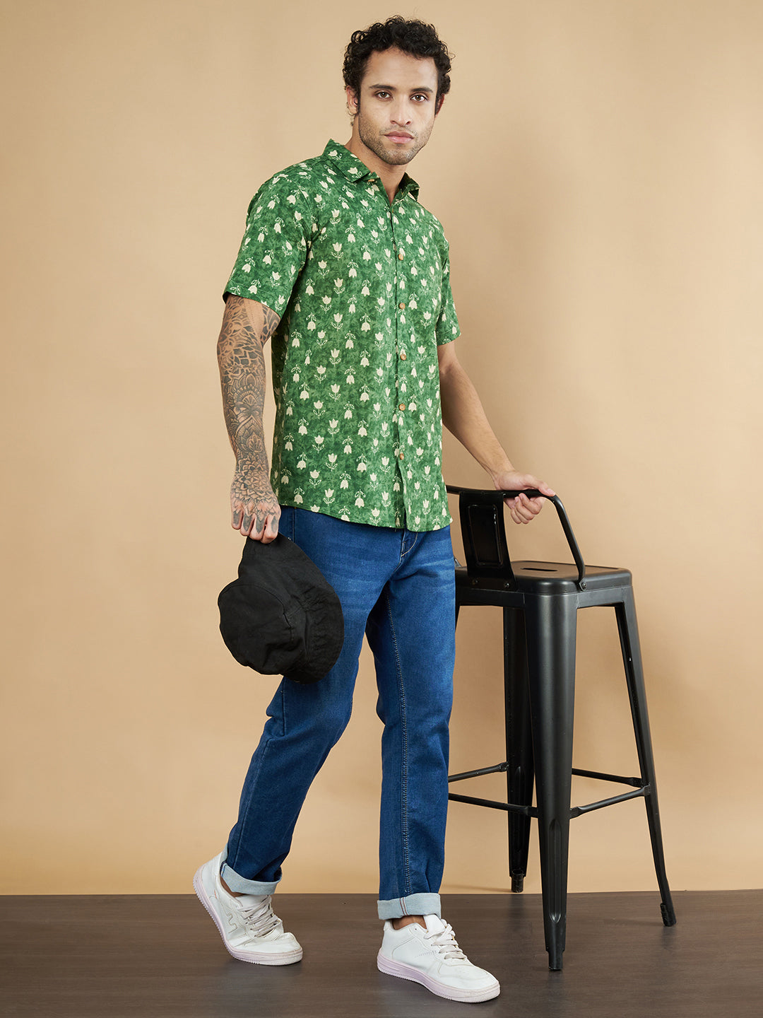 Green Floral Print Pure Cotton Shirt for Men