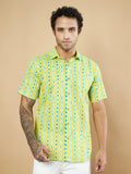 Vibrant Lime Green Ikat Pattern Cotton Shirt for Men
