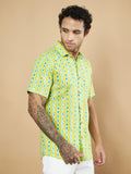 Vibrant Lime Green Ikat Pattern Cotton Shirt for Men