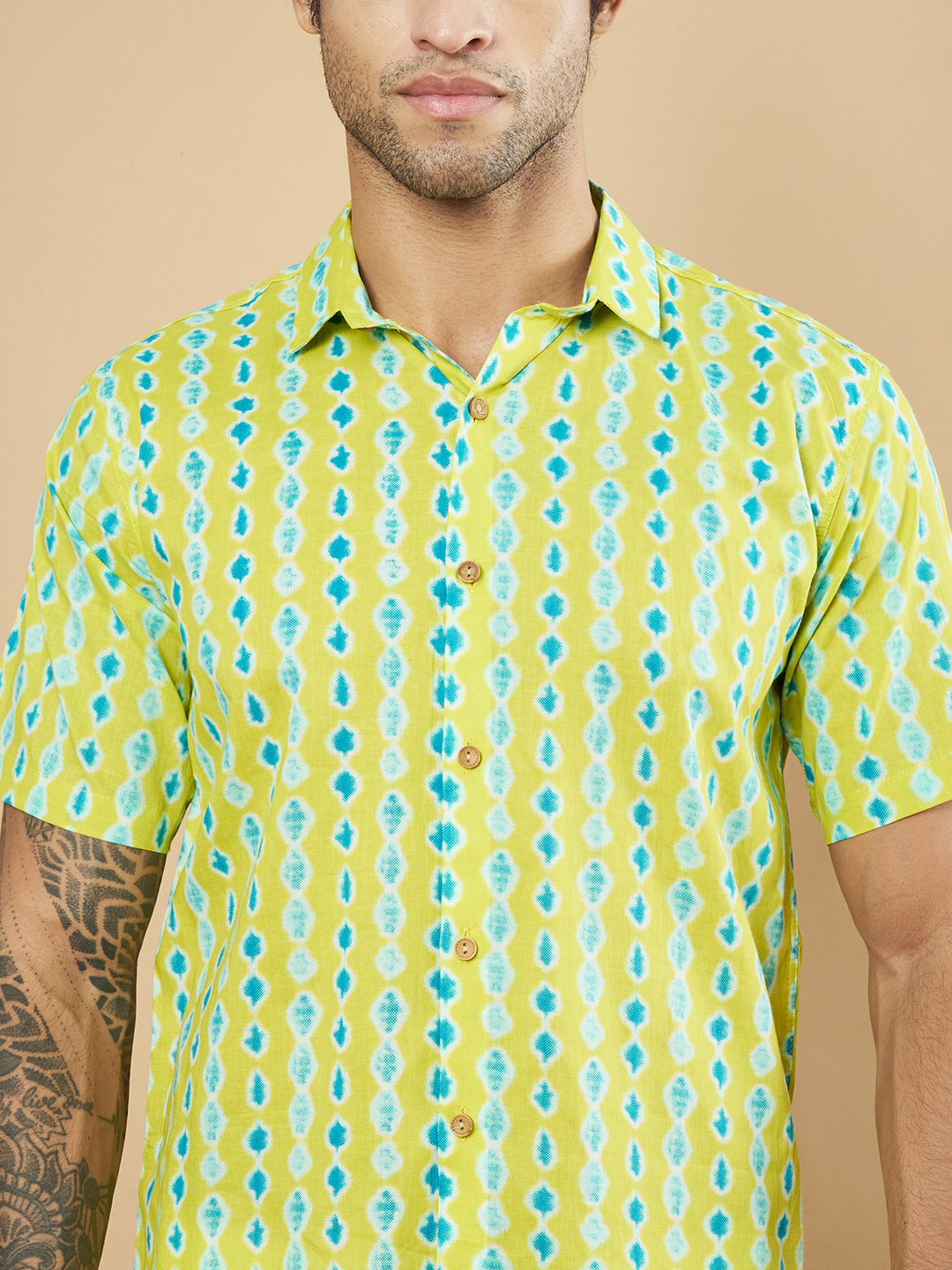 Vibrant Lime Green Ikat Pattern Cotton Shirt for Men