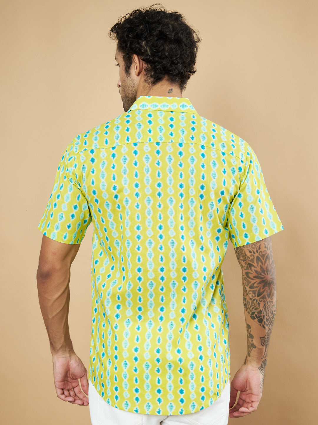 Vibrant Lime Green Ikat Pattern Cotton Shirt for Men