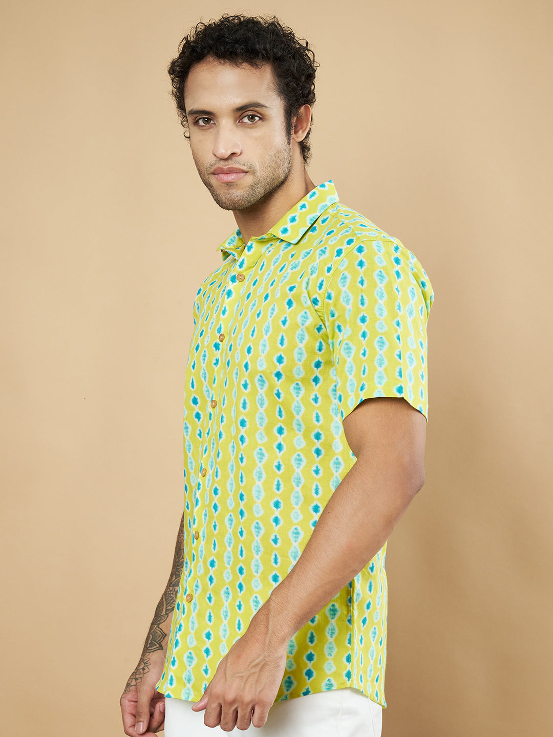 Vibrant Lime Green Ikat Pattern Cotton Shirt for Men