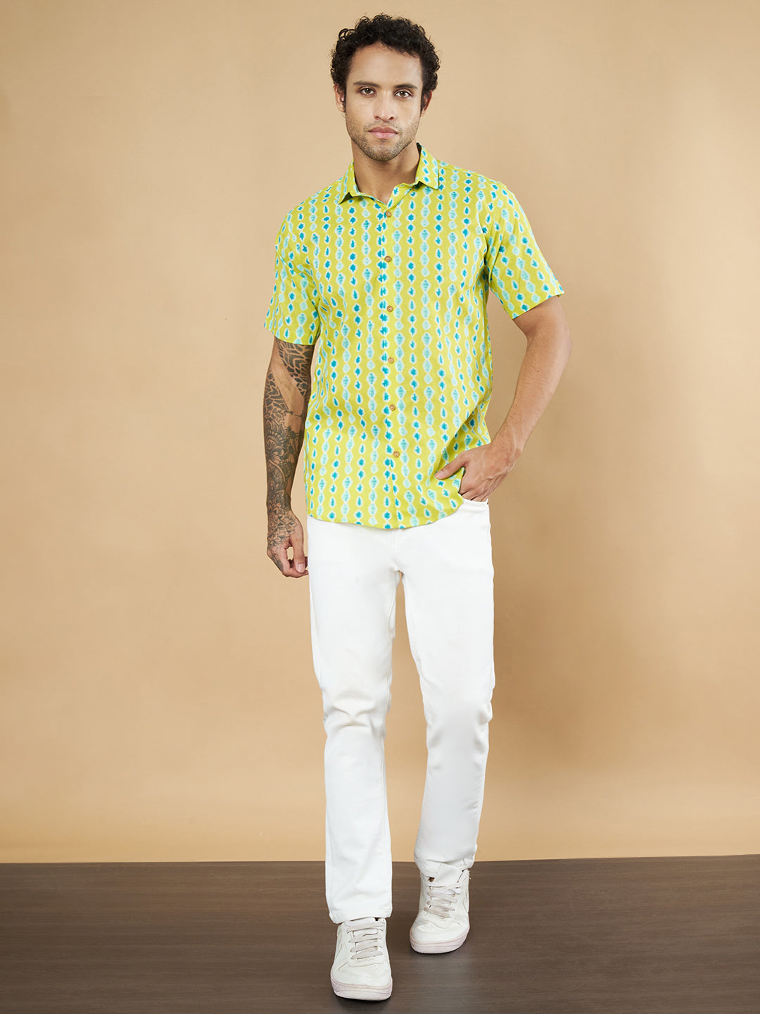 Vibrant Lime Green Ikat Pattern Cotton Shirt for Men