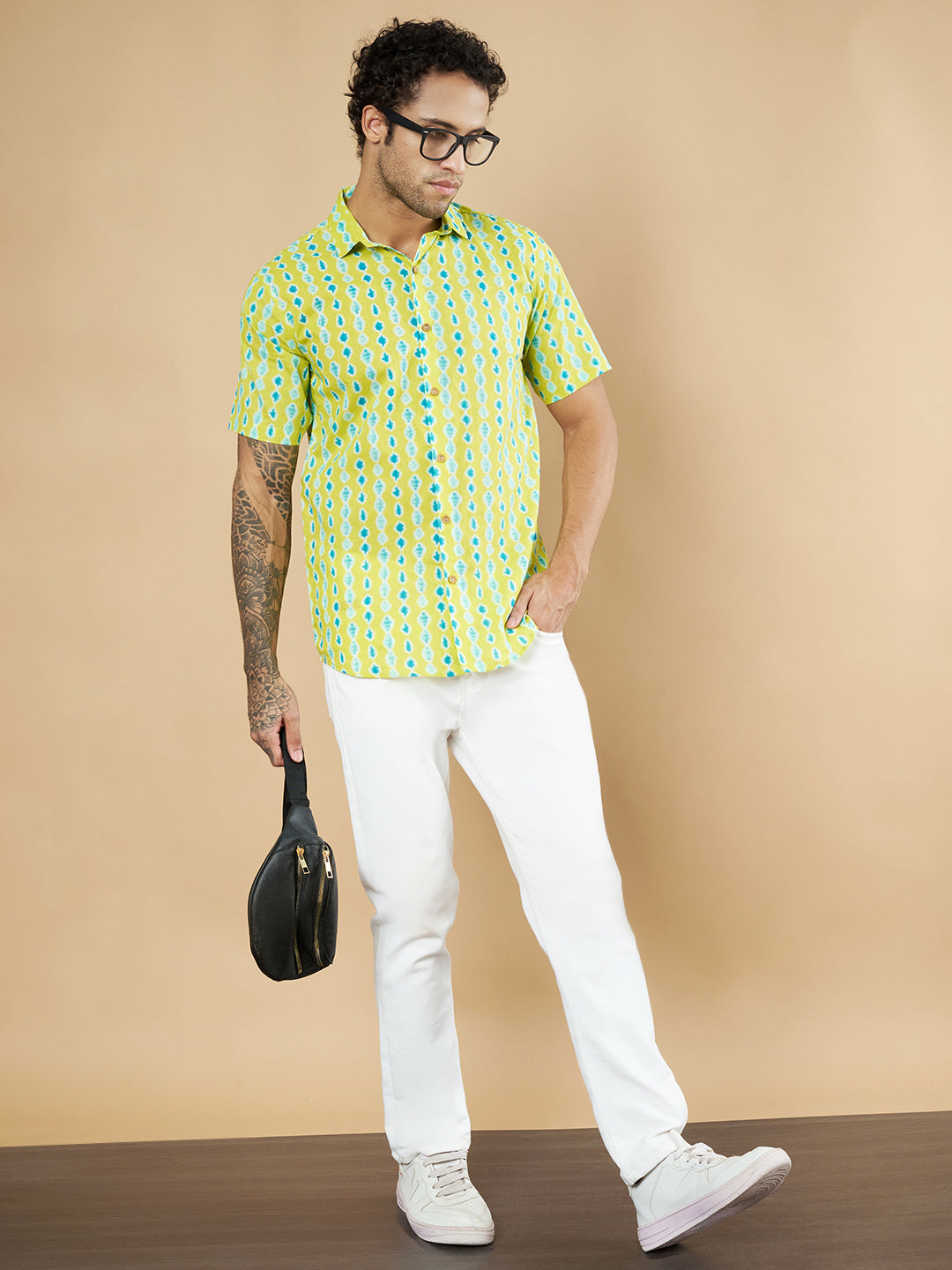 Vibrant Lime Green Ikat Pattern Cotton Shirt for Men