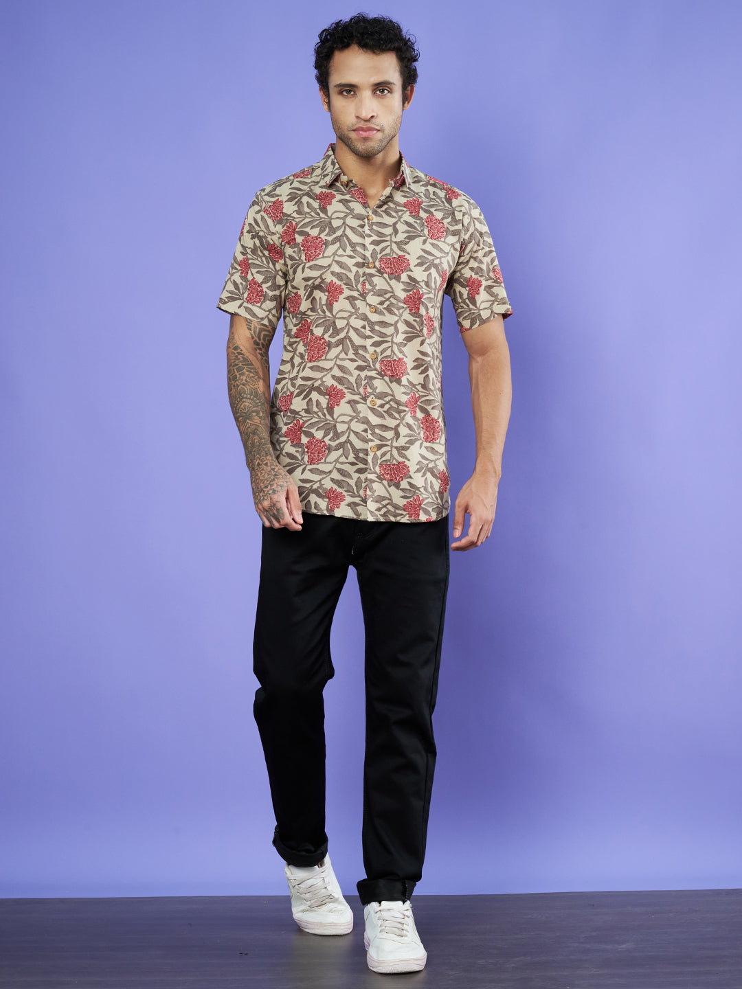 Chemise à manches mi-longues en coton Jaipuri beige à fleurs pour homme