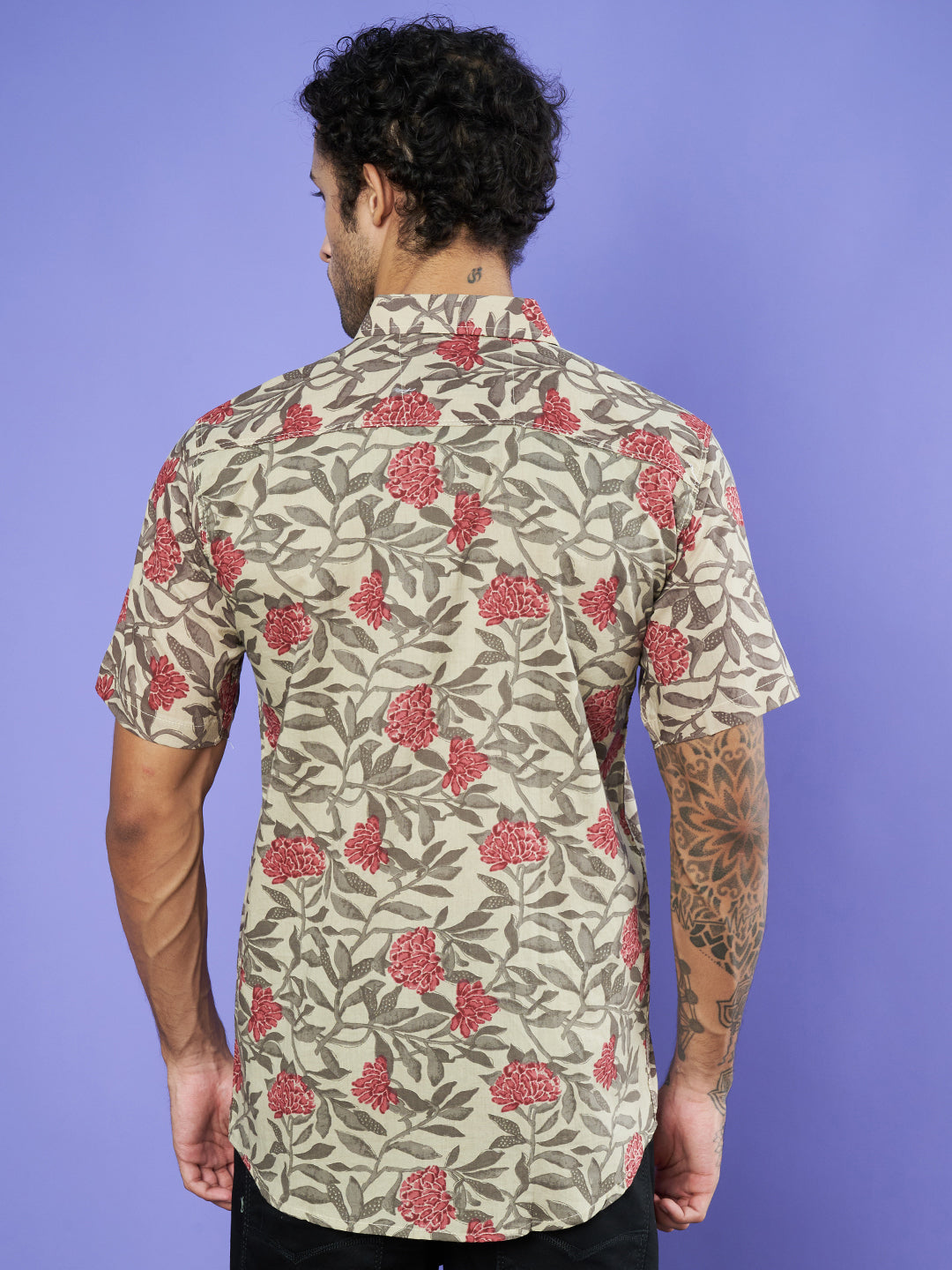 Chemise à manches mi-longues en coton Jaipuri beige à fleurs pour homme