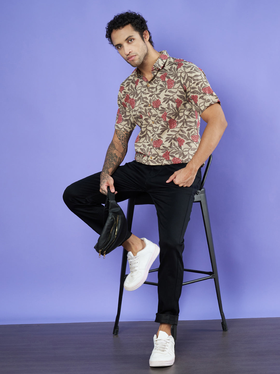 Chemise à manches mi-longues en coton Jaipuri beige à fleurs pour homme