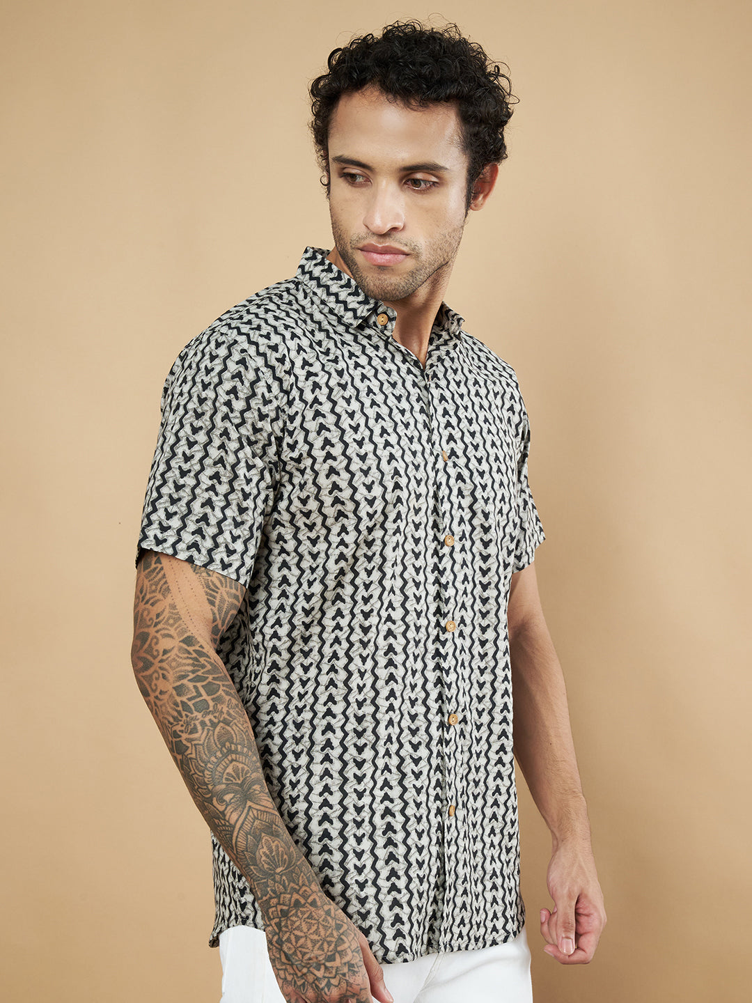 Pure Cotton Black and White Geometric Half Sleeves Shirt for Men