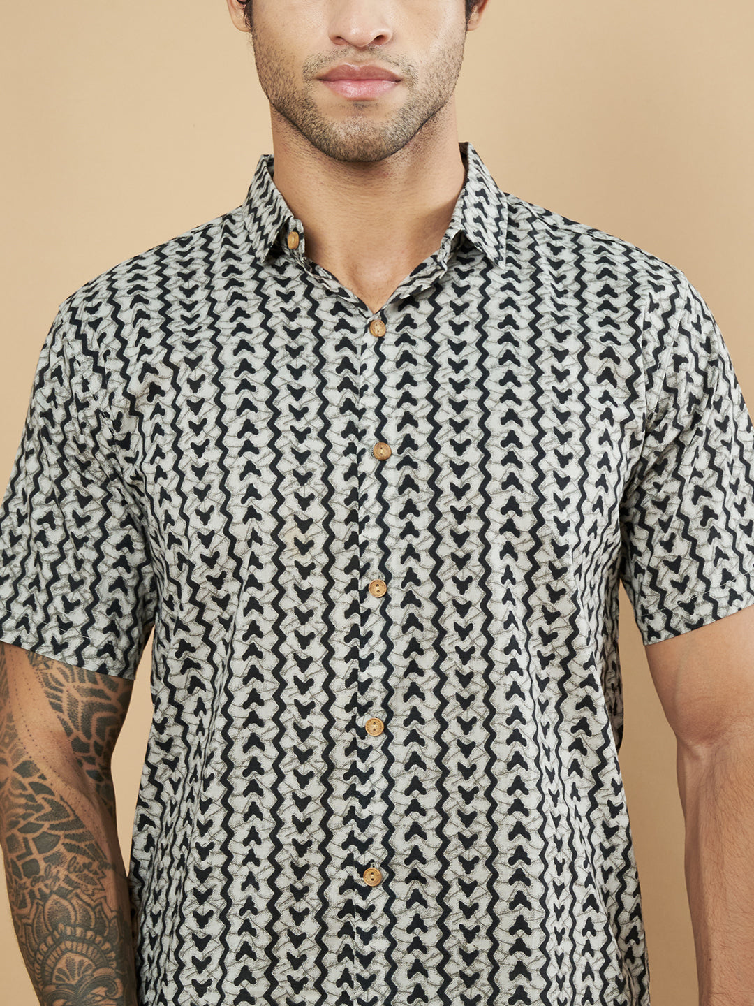 Pure Cotton Black and White Geometric Half Sleeves Shirt for Men