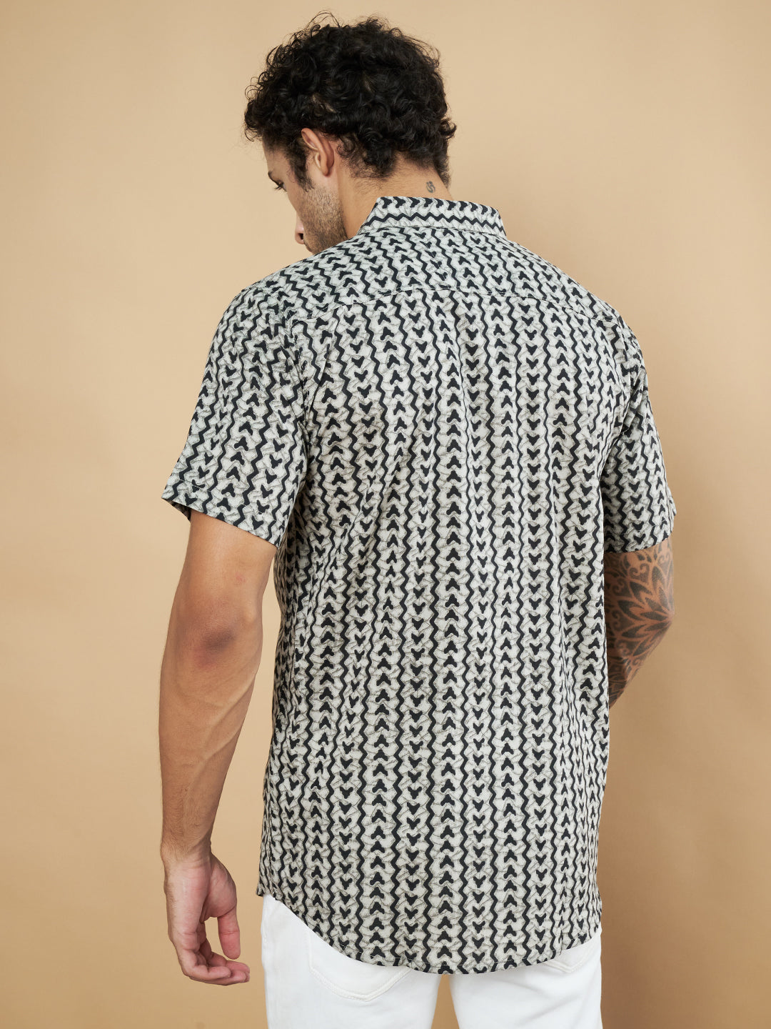 Pure Cotton Black and White Geometric Half Sleeves Shirt for Men