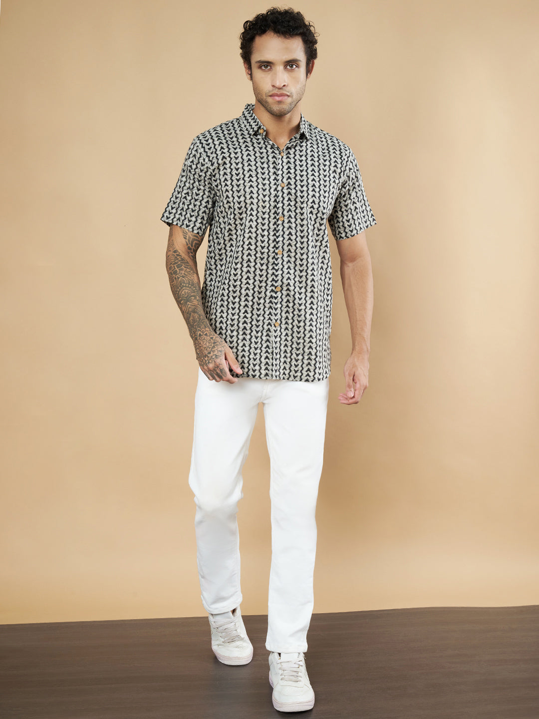 Pure Cotton Black and White Geometric Half Sleeves Shirt for Men