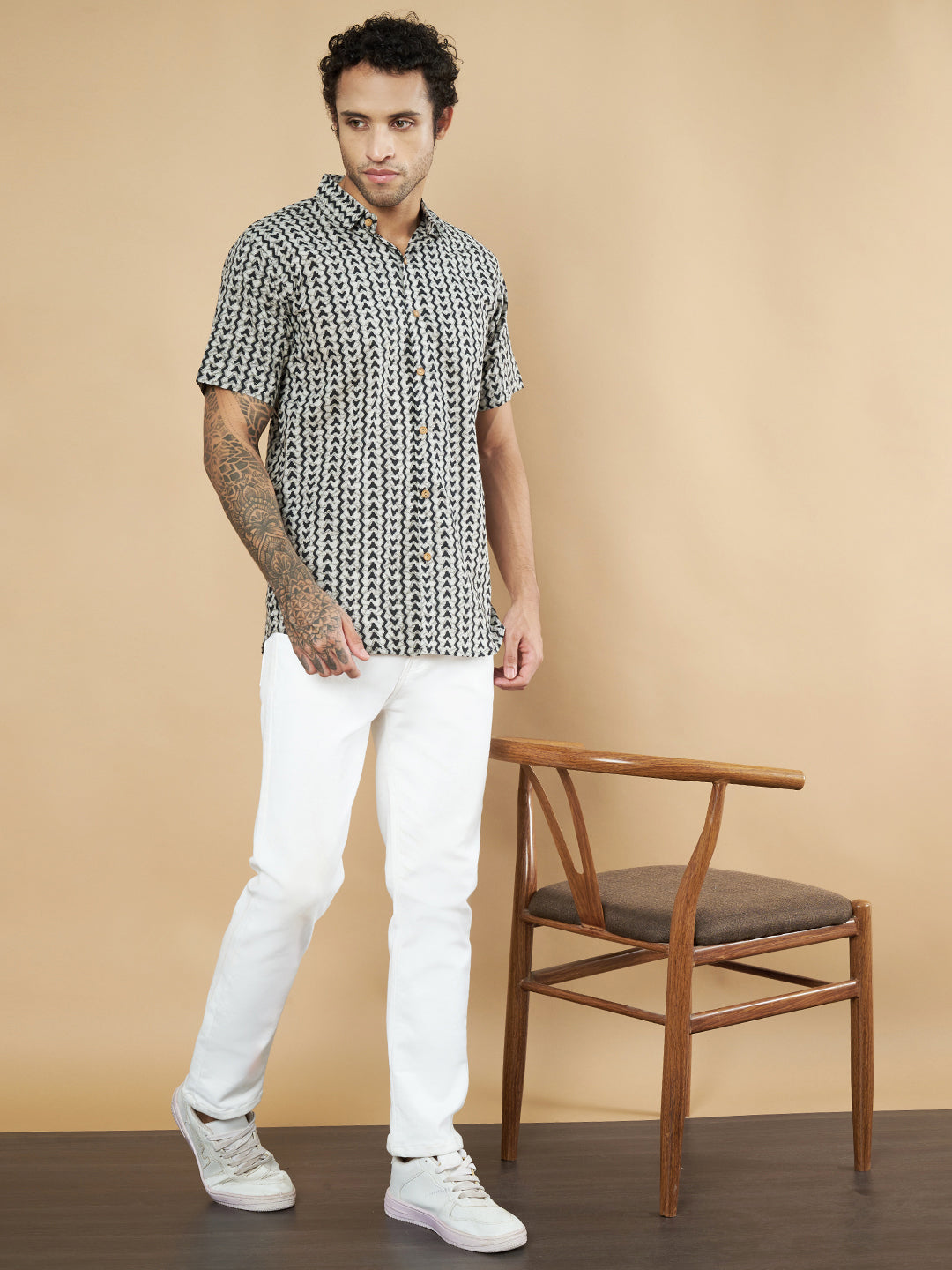 Pure Cotton Black and White Geometric Half Sleeves Shirt for Men