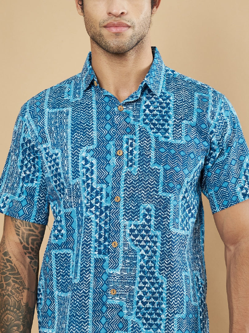 Blue Abstract Printed Cotton Shirt Half Sleeve For Men