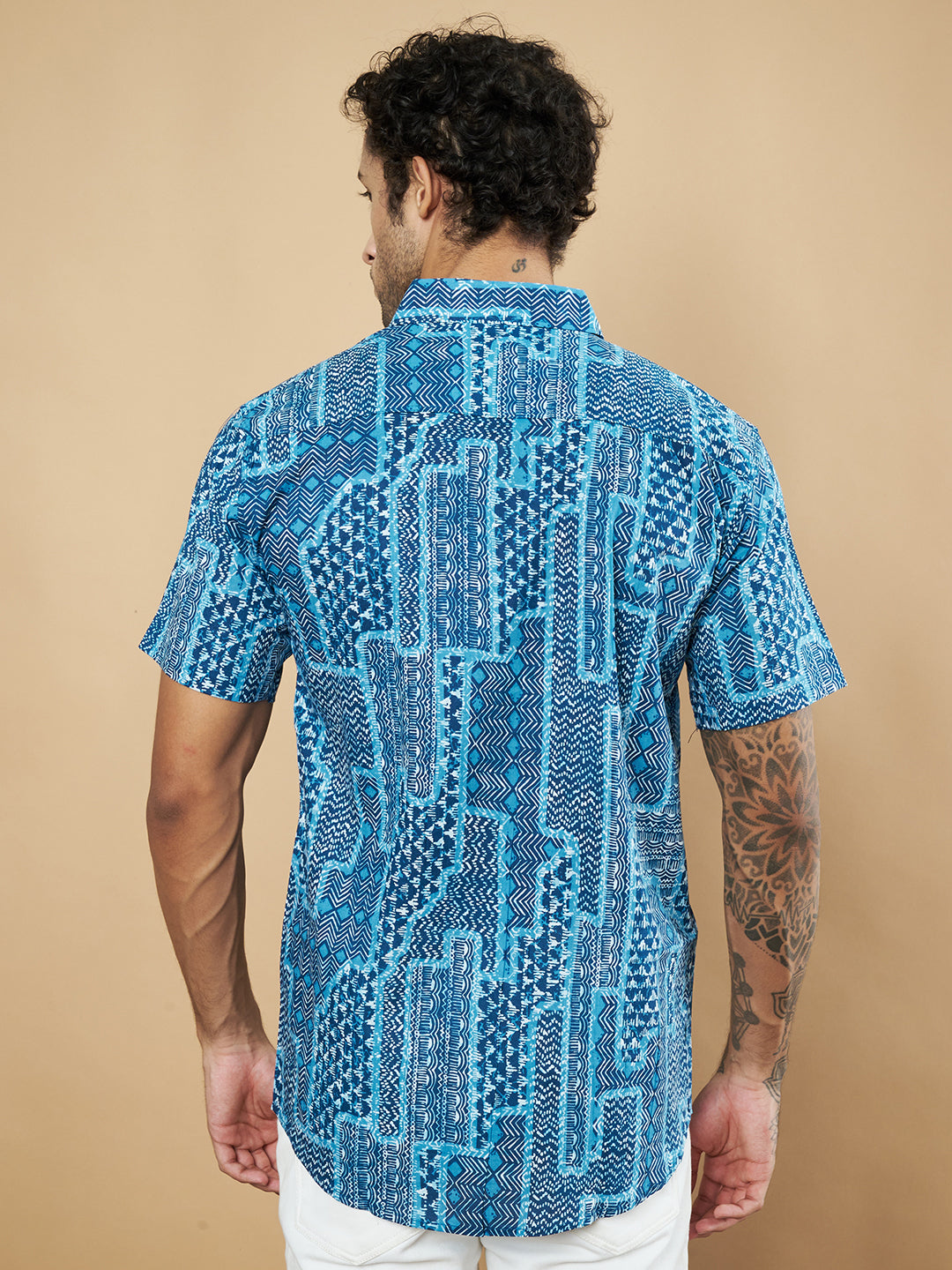 Blue Abstract Printed Cotton Shirt Half Sleeve For Men