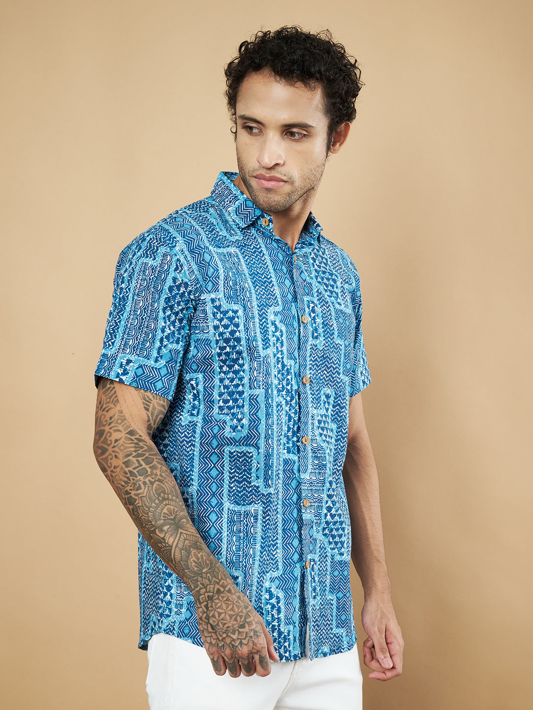 Blue Abstract Printed Cotton Shirt Half Sleeve For Men