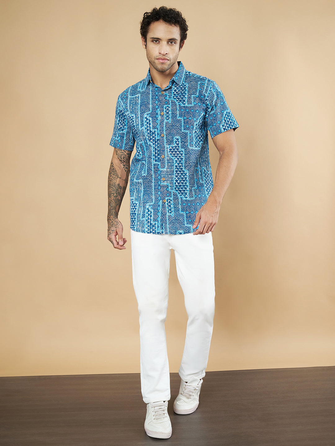 Blue Abstract Printed Cotton Shirt Half Sleeve For Men