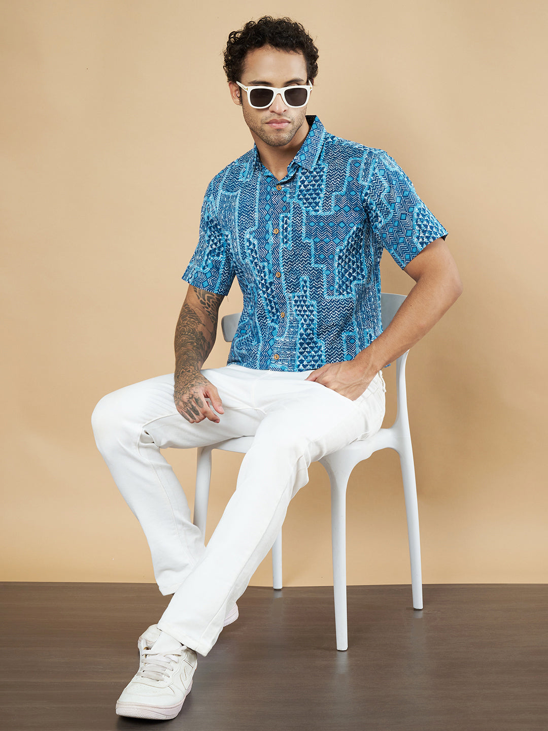 Blue Abstract Printed Cotton Shirt Half Sleeve For Men