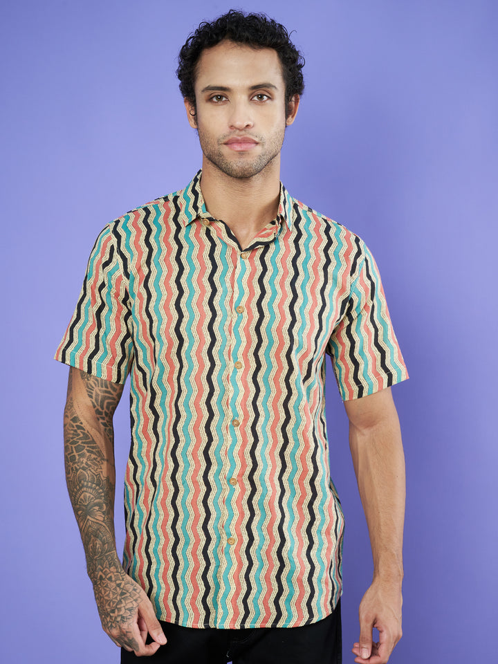 Multicolor Wavy Design Cotton Shirt For Men