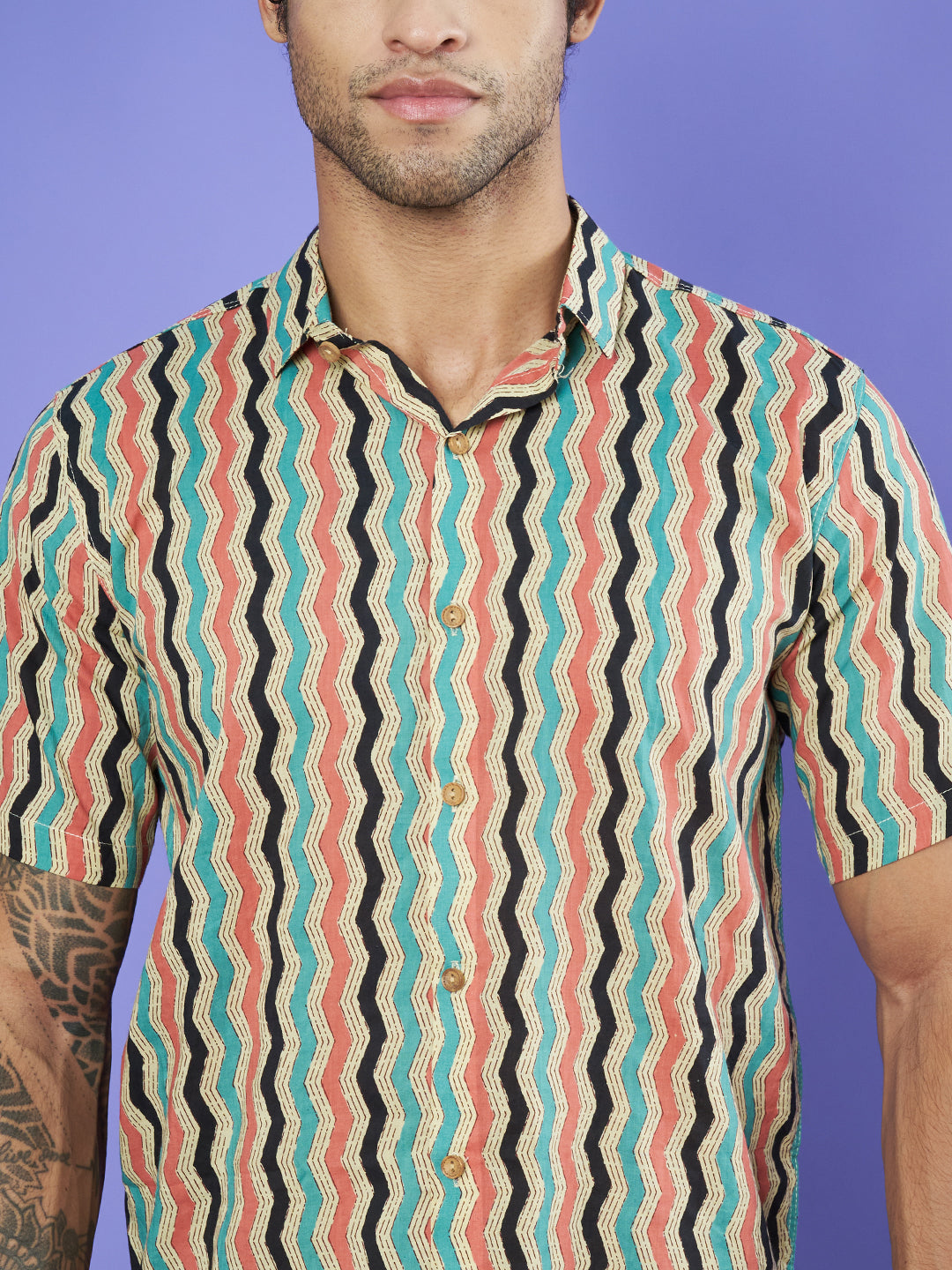 Multicolor Wavy Design Cotton Shirt For Men