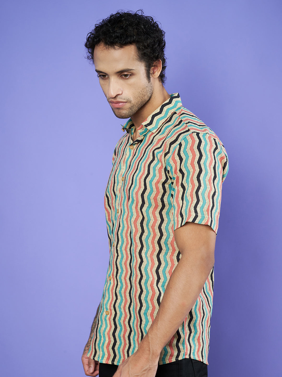 Multicolor Wavy Design Cotton Shirt For Men