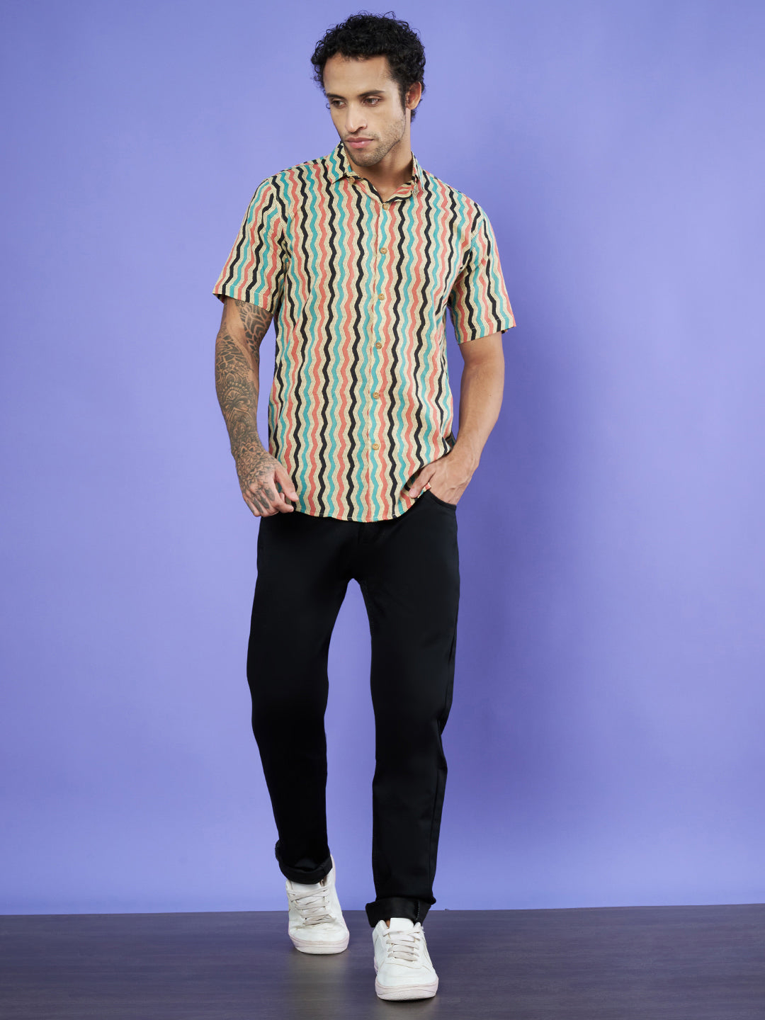 Multicolor Wavy Design Cotton Shirt For Men