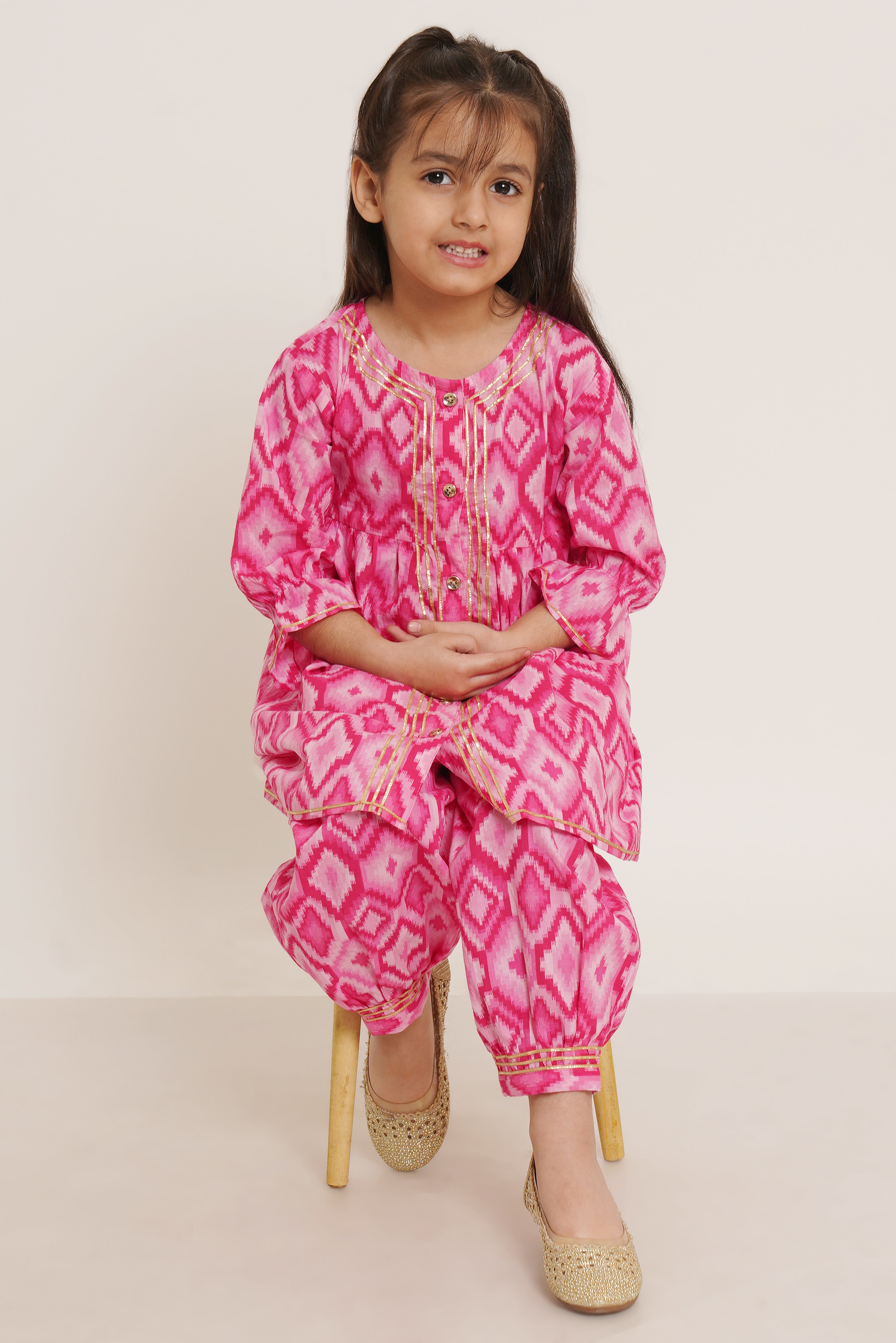 Girl's Ethnic Ikat Kurta and Afghani Salwar