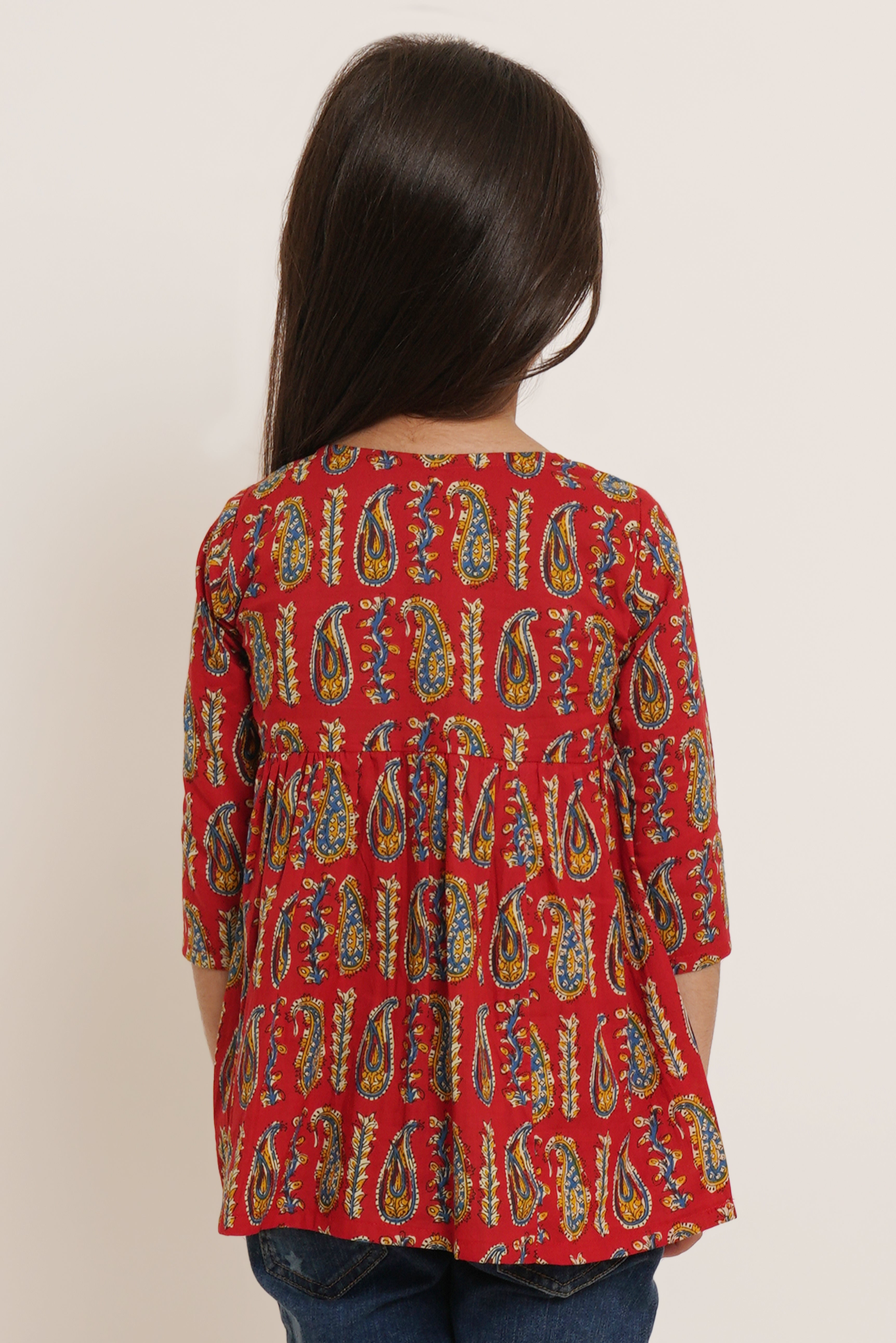 Red Paisley Printed Cotton Top For Girls