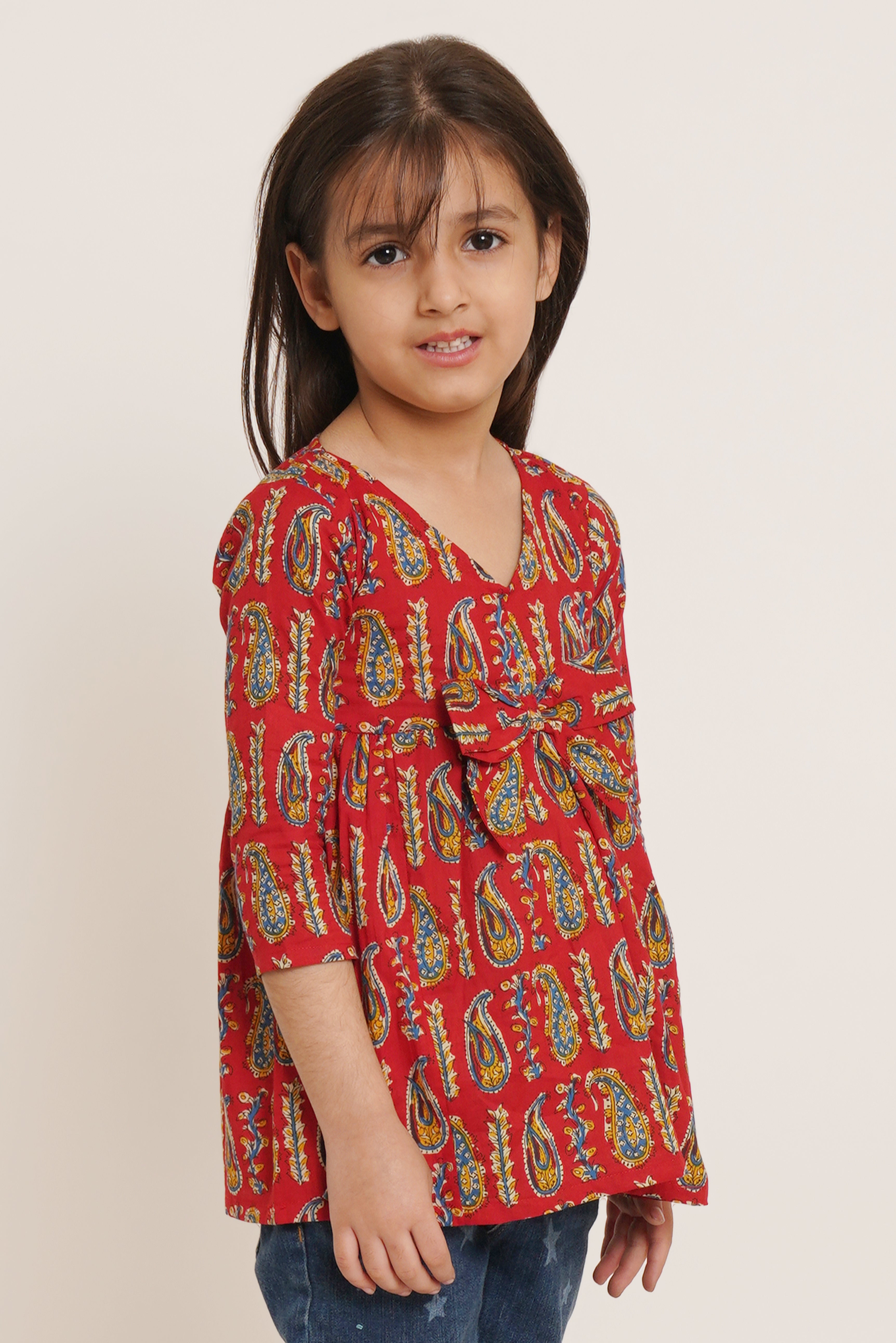 Red Paisley Printed Cotton Top For Girls