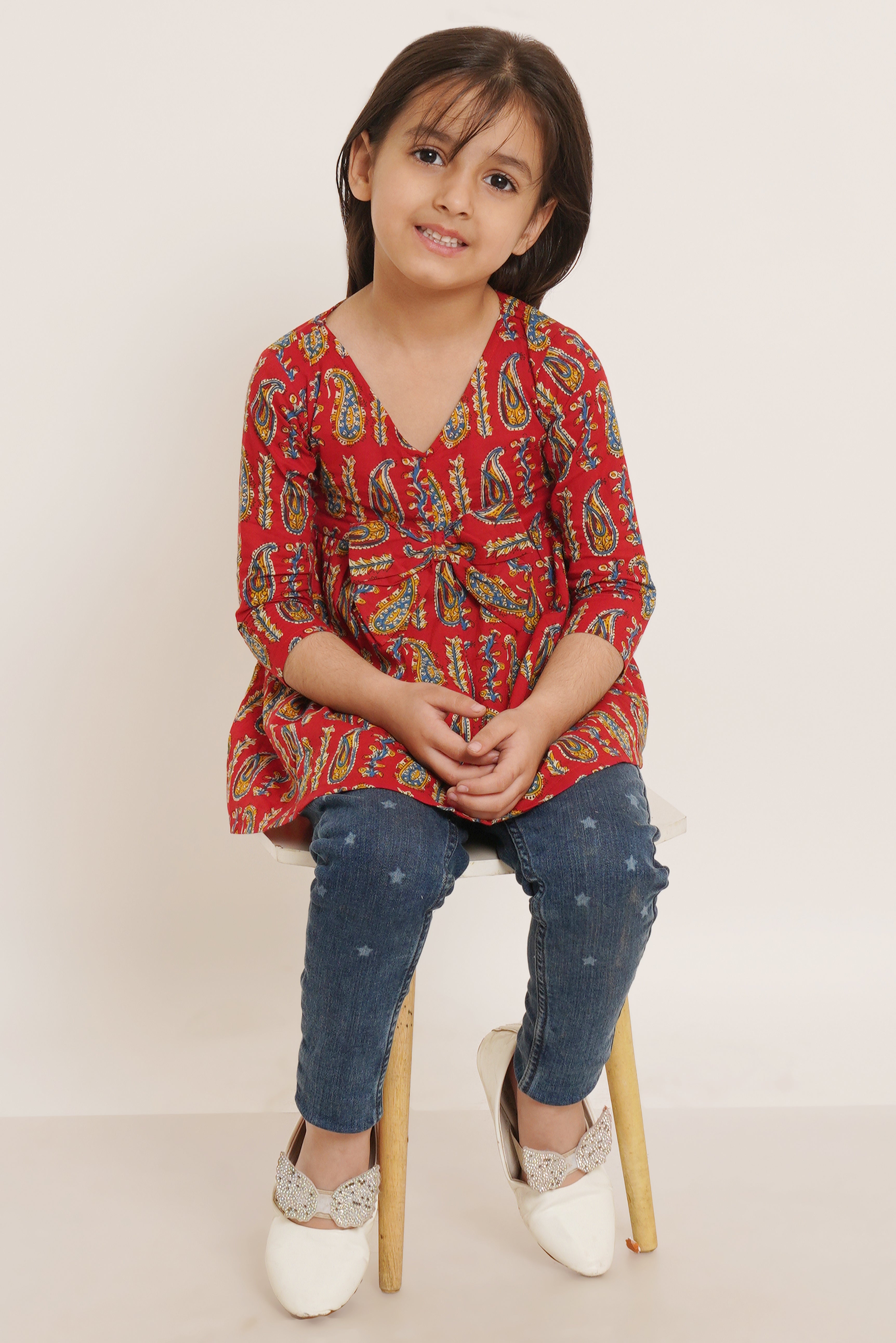 Red Paisley Printed Cotton Top For Girls