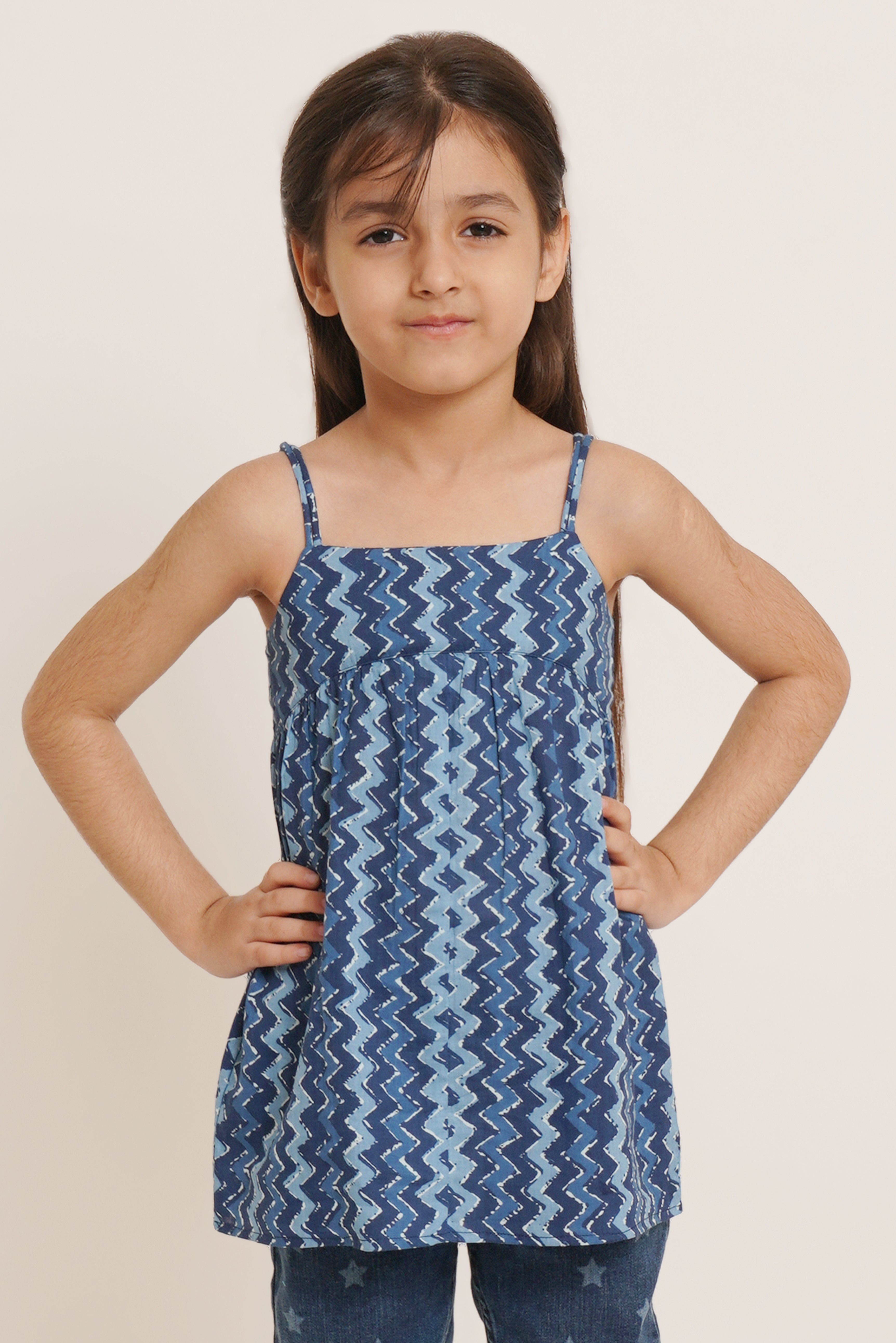 Pure Cotton Zigzag Print Sleeveless Top For Girls